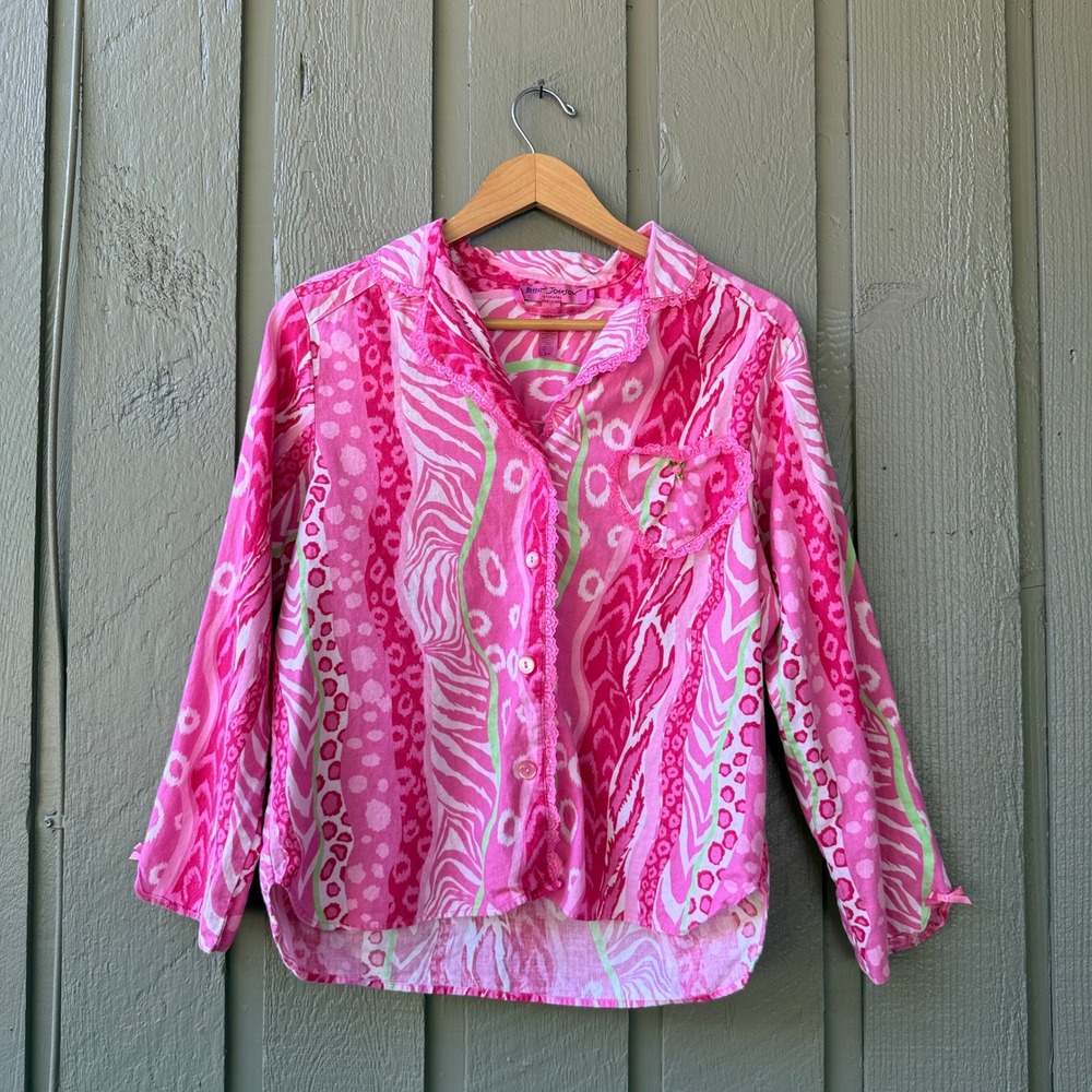 Betsey Johnson Pajama Top Women Small Pink Animal Print Heart Pocket Cotton PJ